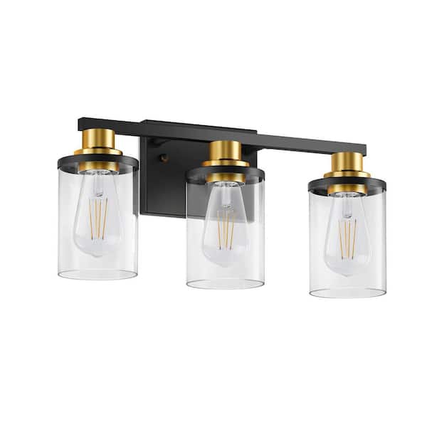 17 in. 3-Light Black and Gold Bathroom Vanity Light Fixtures Over Mirror with Clear Glass Shades for Bathroom