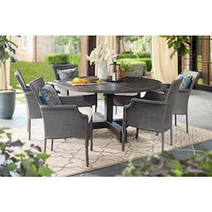 Grayson 7-Piece Ash Gray Wicker Outdoor Patio Dining Set with CushionGuard Almond Tan Cushions