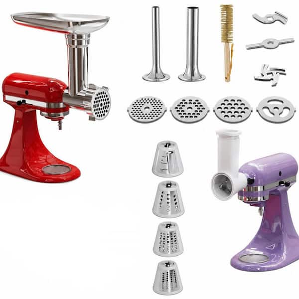 21-Piece Meat Grinder & Cheese Grater Attachment w/ 4 Grinding Plates, Metal Sausage Stuffer Tubes, 4 Slicer Shredder