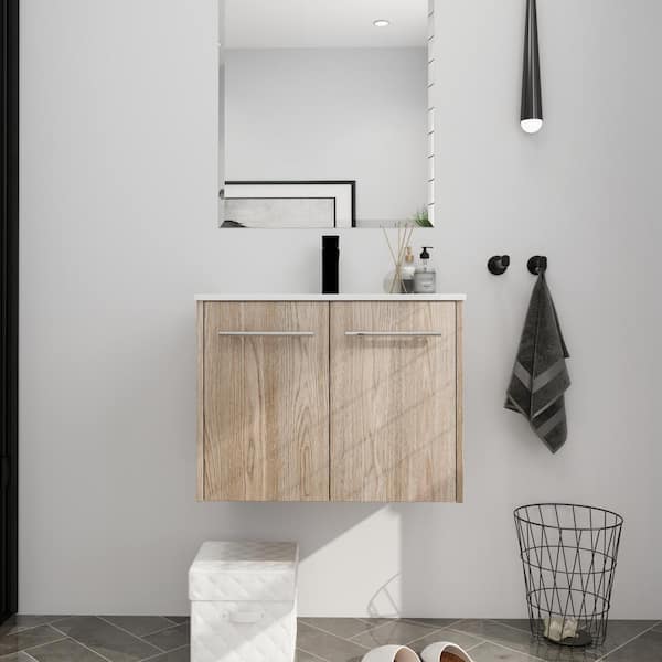 FAMYYT 24 in. W x 18.1 in. D x 18.3 in. H Single Sink Wall Mount Bath Vanity in White Oak with White Ceramic Top