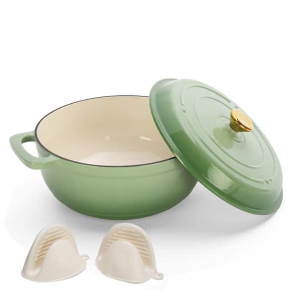 5 qt. Round Cast Iron Dutch Oven in Green with Lid and 2 Silicone Gloves, Compatible with All Cooktops