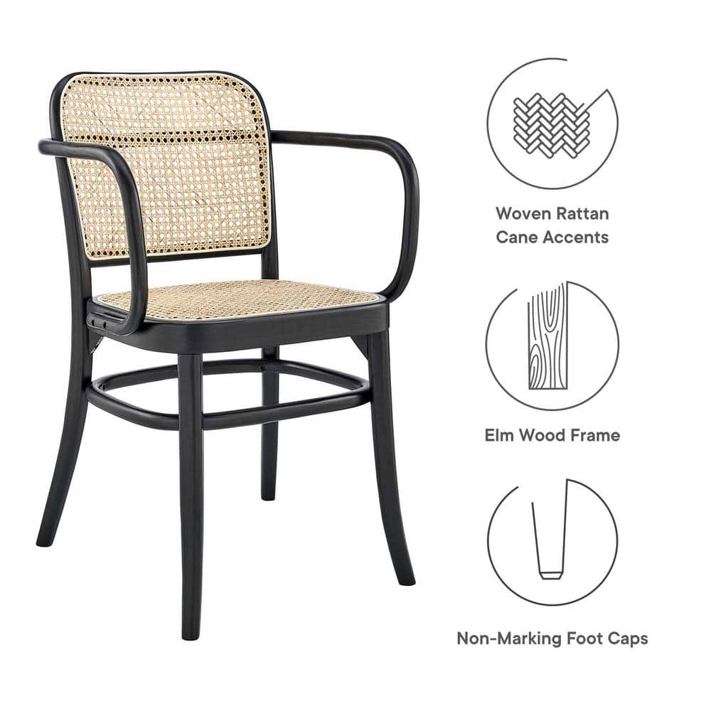Low Profile Black Elm Wood & Cane Arm Chair