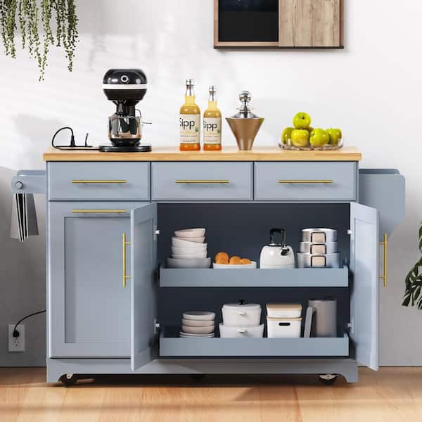 Grey Blue Rubber Wood 59.3 in. W Kitchen Island with Trash Can