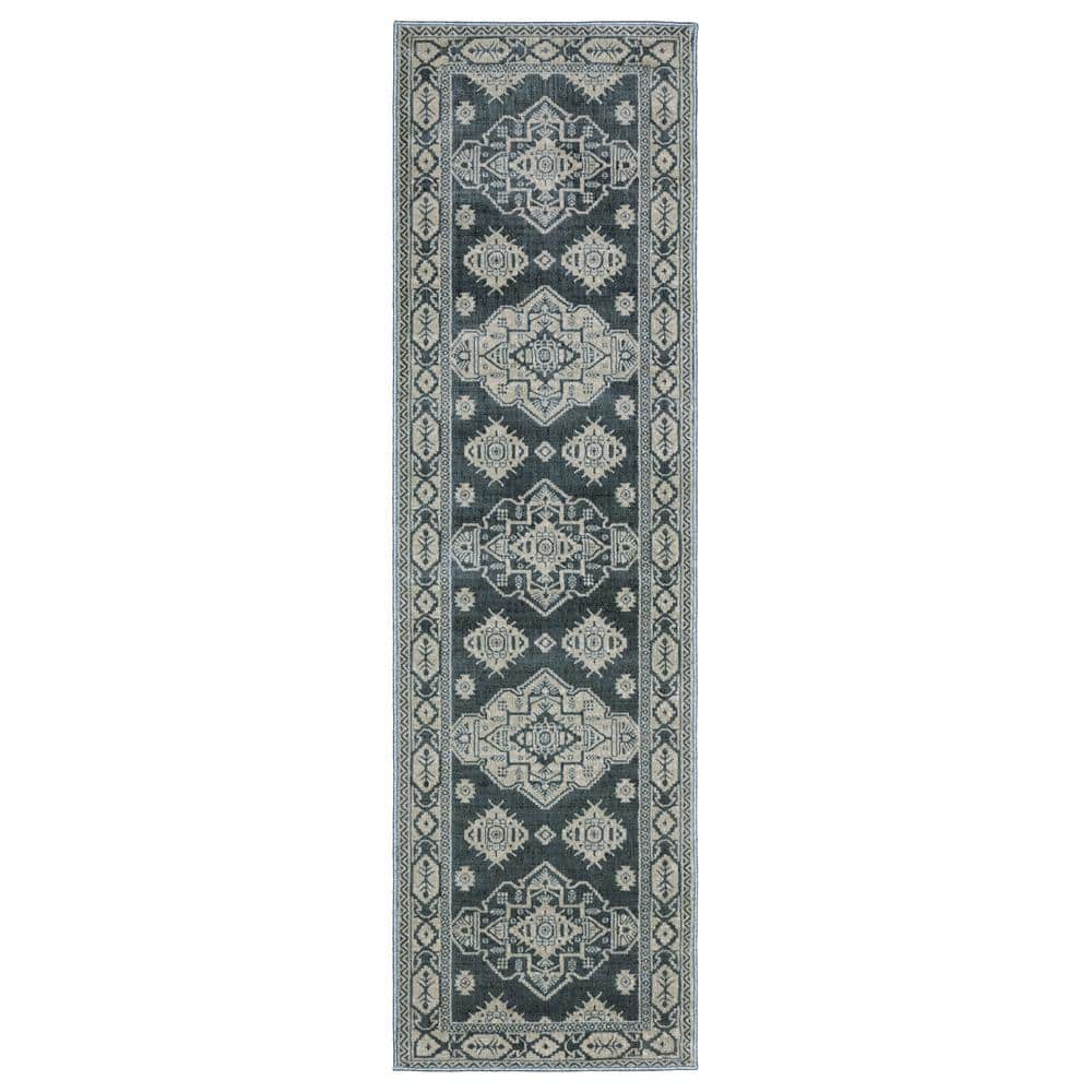 Imperial Blue/Gray 2 ft. x 8 ft. Old World-Inspired Triple Oriental Medallion Polyester Indoor Runner Area Rug price history on PriceWatchPro