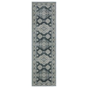 Imperial Blue/Gray 2 ft. x 8 ft. Persian-Inspired Triple Oriental Medallion Polyester Indoor Runner Area Rug