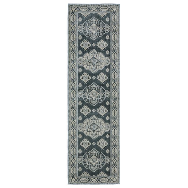 AVERLEY HOME Imperial Blue/Gray 2 ft. x 8 ft. Old World-Inspired Triple Oriental Medallion Polyester Indoor Runner Area Rug