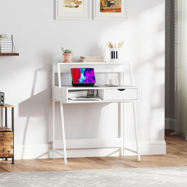 31.5 in. Rectangular White 1-Drawer Desk with Cubbies