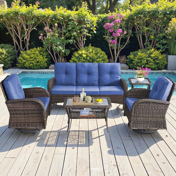 Brown 5-Piece Wicker Patio Conversation Set with Swivel Rockers, Outdoor Sofa Seating Set with Blue Cushions