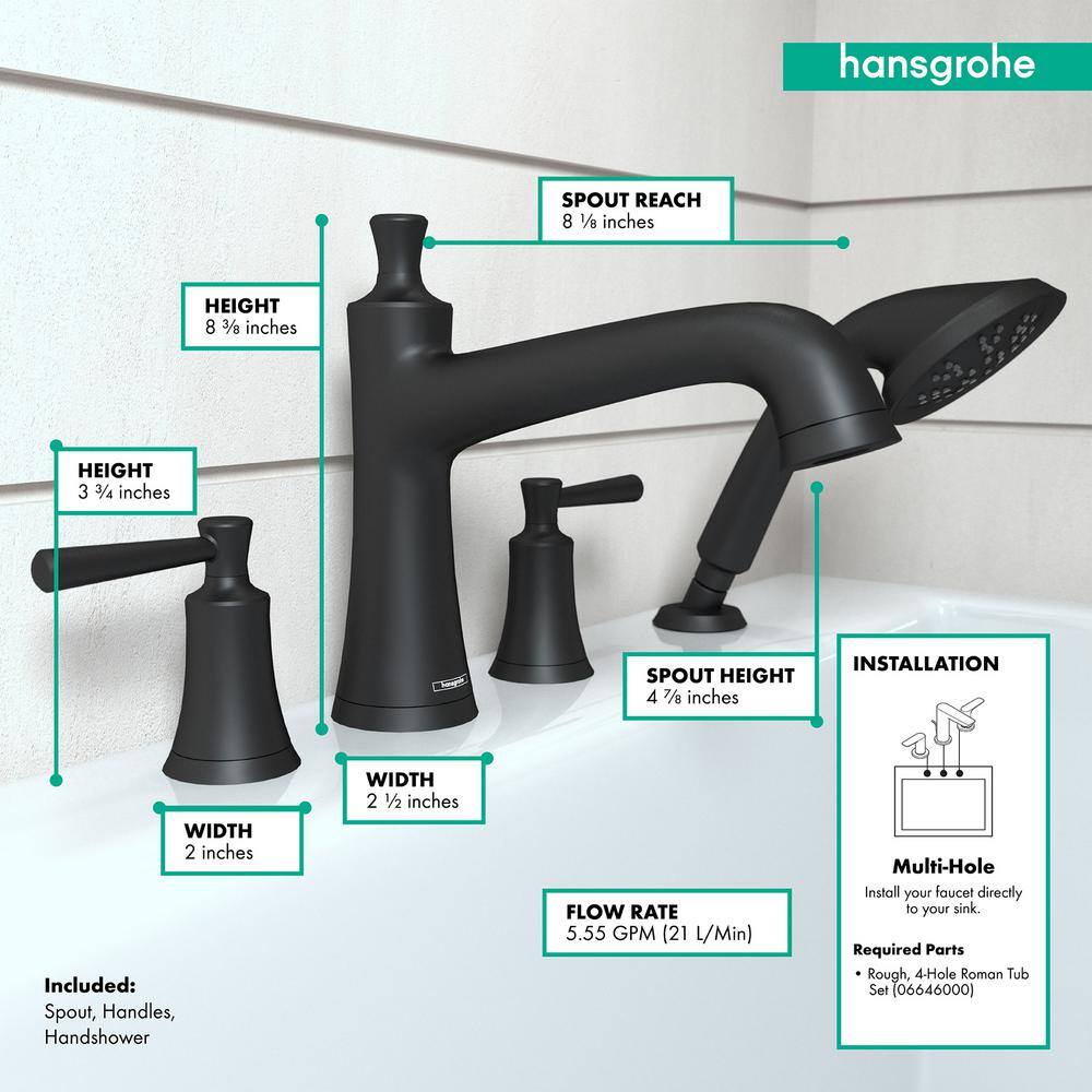 Matte Black Double Handle Roman Tub Faucet with Handshower