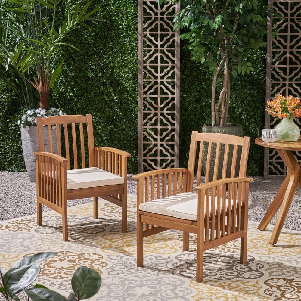 2-Pieces Outdoor Wood Dining Chairs with Beige Cushions for Garden in Brown price history on PriceWatchPro