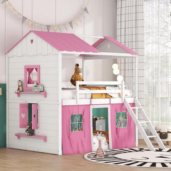 Polibi Pink Plus White Full Size Bunk Wood House Bed with Elegant ...