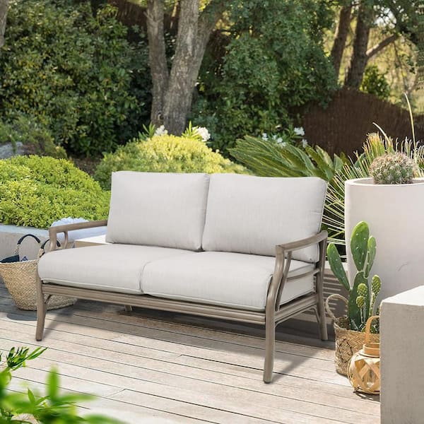 PEAK HOME FURNISHINGS Lamando Aluminum Outdoor Loveseat with Light Mixed Gray Cushions