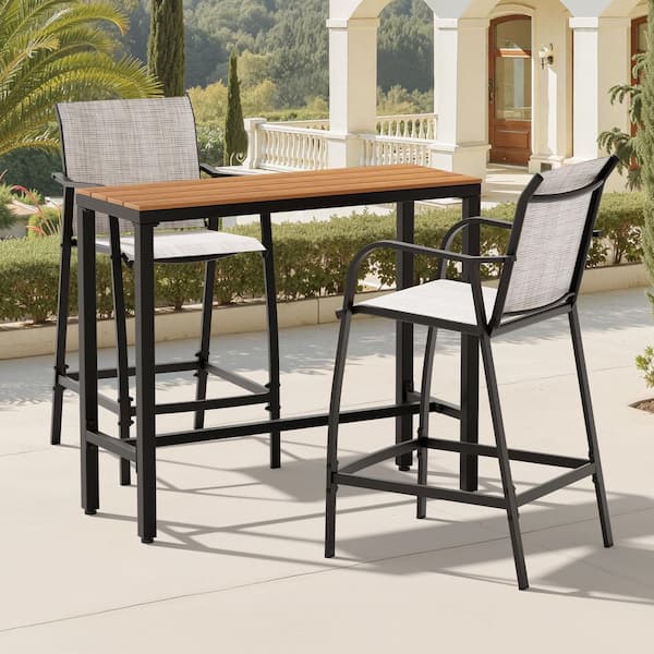 3-Piece Metal Outdoor Serving Bar Set Bar Set Brown Wood-Plastic Composite Top 2 Stools with Textilene Seat in Gray