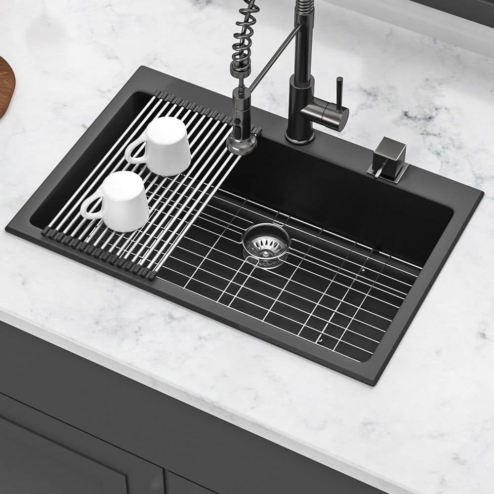 33 in. Drop-in Single Bowl Black Quartz Kitchen Sink with Bottom Grids