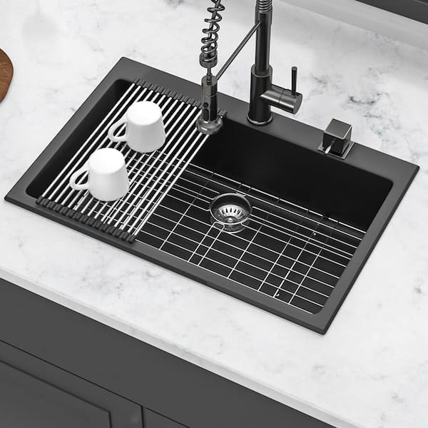 Unbranded 33 in. Drop-in Single Bowl Black Quartz Kitchen Sink with Bottom Grids