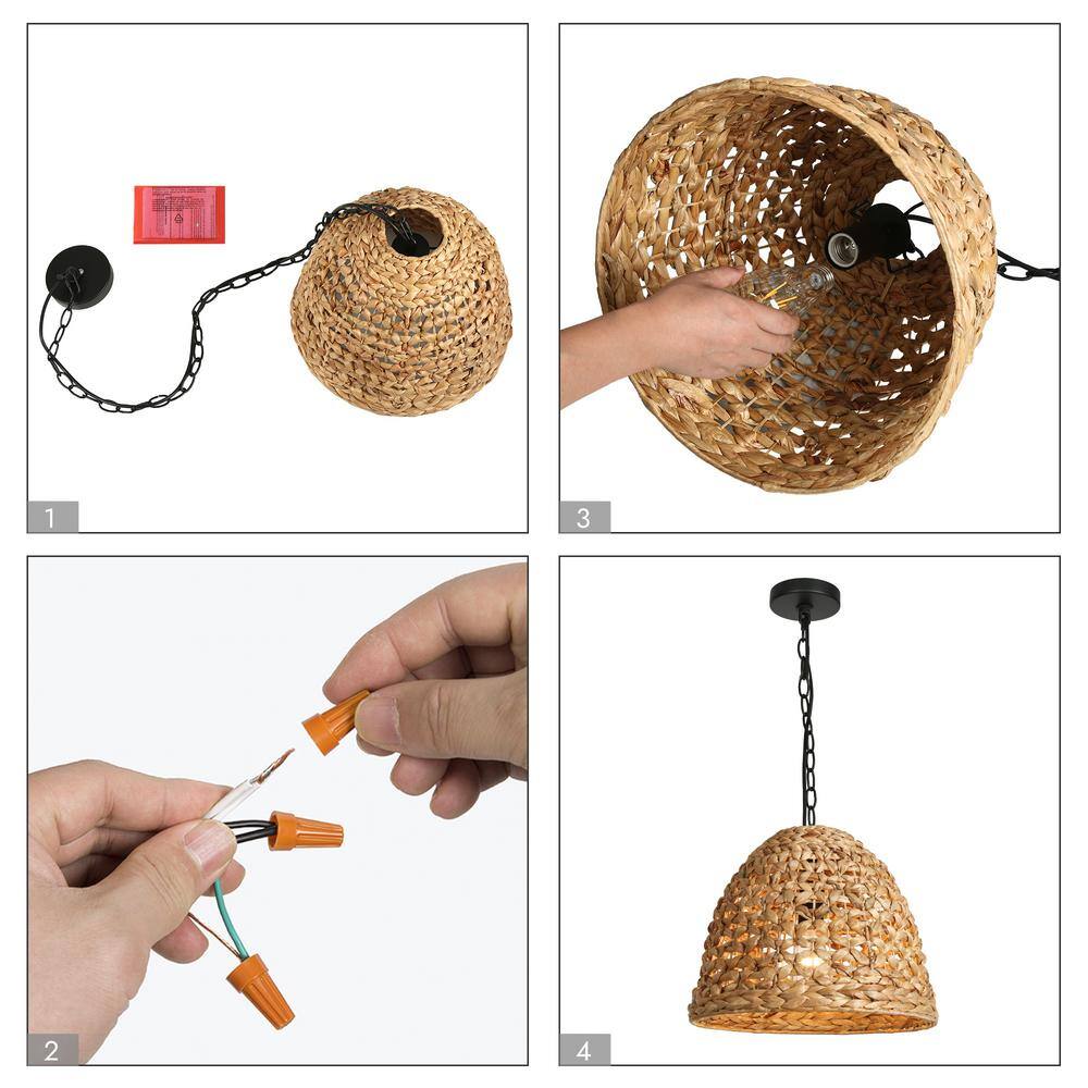 Holophankton 15" Matte Black and Natural Rattan Dome Pendant Light