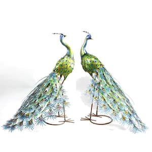 Large Colorful Peacock Garden Statues with Jewels - Royal and Sapphire (Set of 2)