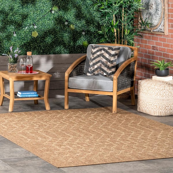 Grayson Beige 9 ft. 6 in. x 12 ft. Moroccan Trellis Indoor/Outdoor Patio Area Rug