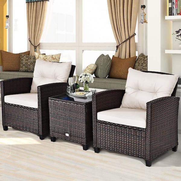 Unbranded Brown 3-Piece Wicker Patio Conversation Set with White Cushions