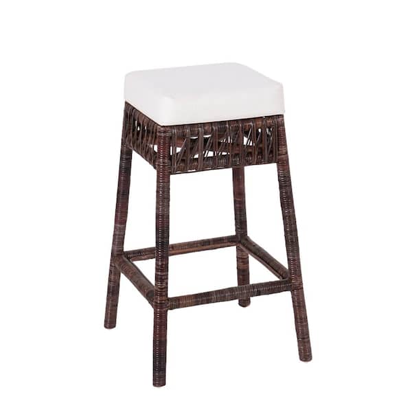 Bali 29.5 in. Bohemian Basics Rattan Backless Bar Stool, White Cushion with Dark Brown Woven Frame
