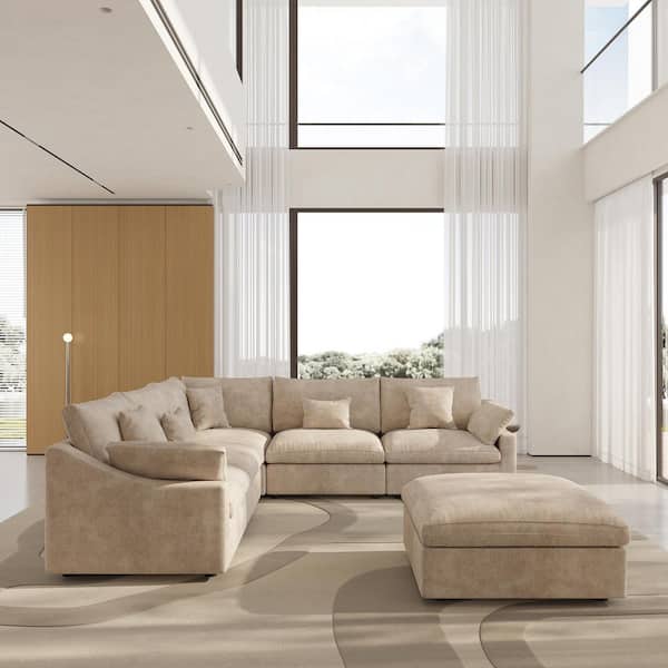 119.19 in. Square Arm 6-Piece Linen Down Feather Modular Free Combination Sectional Sofa with Ottoman in. Brown