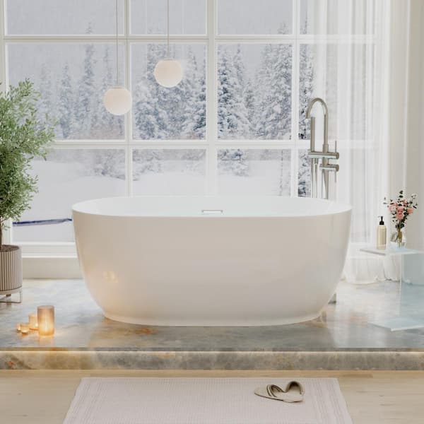 Lyra 59 in. x 31.5 in. Soaking Bathtub with Center Drain in Glossy White Freestanding Oval Pure Virgin Acrylic Bathtub
