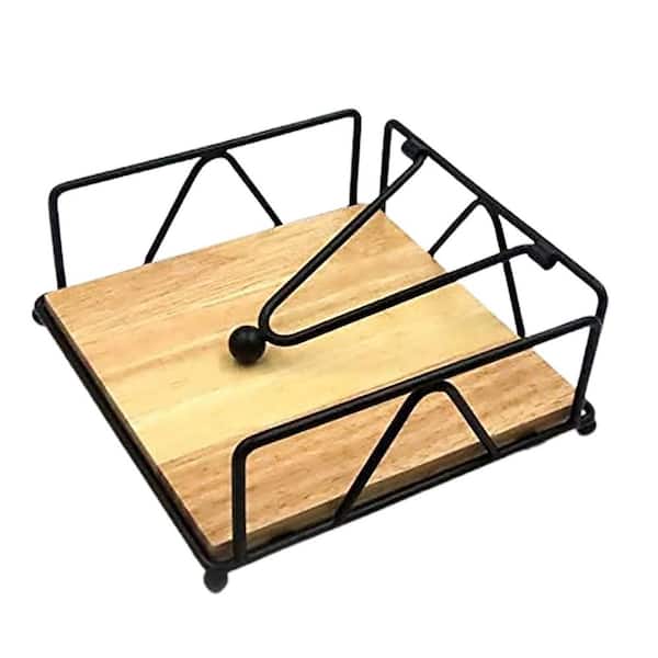 Standing Black Metal Wood Napkin Holder for Table Modern Vertical Paper Napkin Organizer for Kitchen Counter