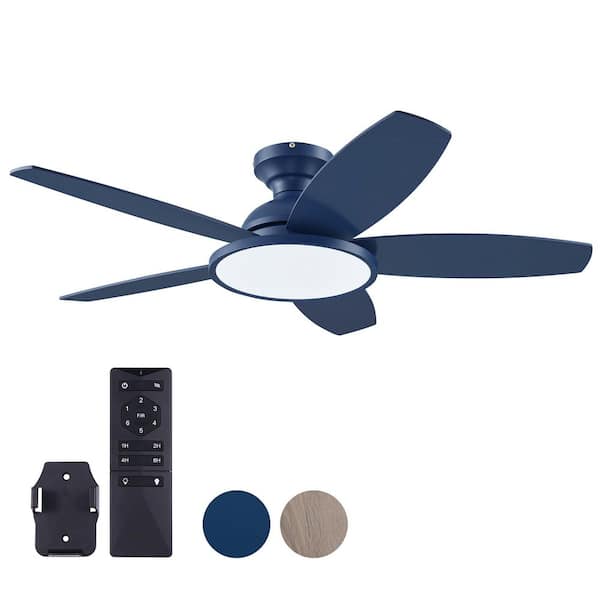 42 in. Integrated LED Navy Blue Gray Oak Low Profile Flush Mount Standard Ceiling Fan with Light and Remote