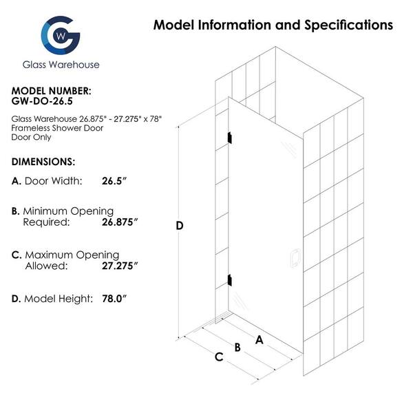 Glass Warehouse 26 5 In W X 78 In H Pivot Hinged Frameless Shower Door In Chrome Door Only Width Adj 26 875 27 275 Gw Do 26 5 Ch The Home Depot