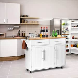 48 in. White Rolling Kitchen Island Cart with Natural Wood Top and Knife Block