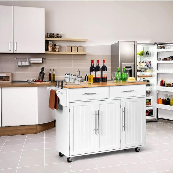 48 in. White Rolling Kitchen Island Cart with Natural Wood Top and Knife Block