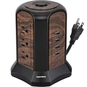 9-Outlet Power Strip Tower Surge Protector with Desktop Charging Station and 4 USB Ports in Saddle Brown