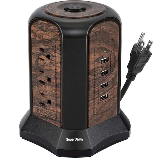 Etokfoks 9-Outlet Power Strip Tower Surge Protector with Desktop Charging Station and 4 USB Ports in Saddle Brown