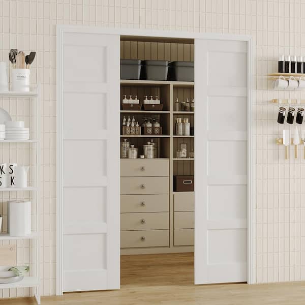60 in. x 80 in. 5-Panel MDF White Primed, can be Painted Pre-Finished Door Panel Pocket Door Frame with All Hardware