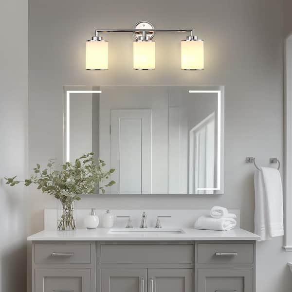 17 In. 3-Light Chrome Vanity Light with Frosted Cylinder Glass Shades Stylish Modern Wall Sconce for Vanity or Mirror