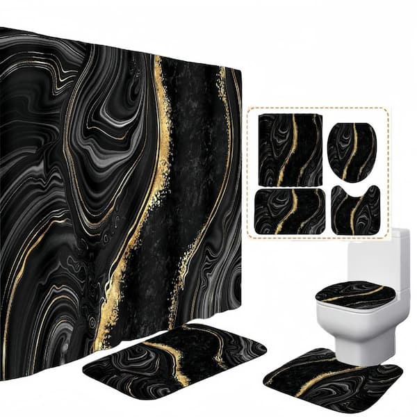 4-Pack 70.8 in. W x 70.8 in. L Shower Curtain Sets with Rugs, Toilet Lid Cover, Polyester, Black and Gold