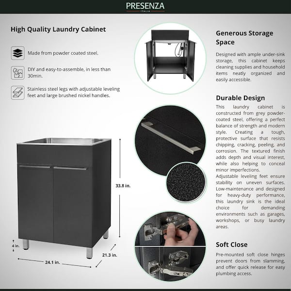 Presenza All-in-One 24 in. x 21.2 in. x 34 in. Stainless Steel Drop-In Sink and Cabinet with Faucet in Gray