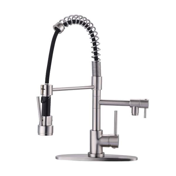 2-Spout Single Handle Pull Down Sprayer Kitchen Faucet with Advanced Spray in Solid Brass Brushed Nickel