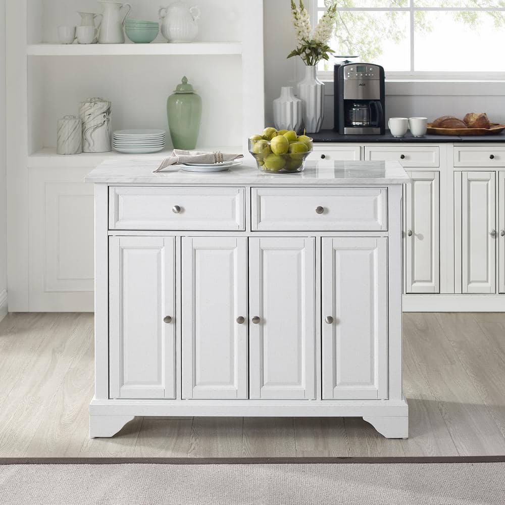 Avery Distressed White Kitchen Island Cart with Faux Marble Top