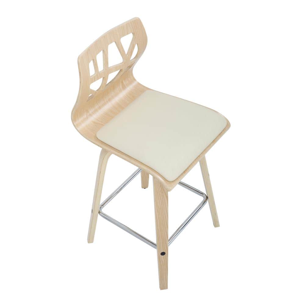 Natural Wood and Cream Faux Leather Mid-Century Modern Counter Stools
