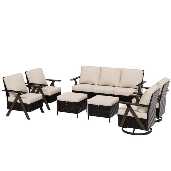 7-Piece Brown Rattan Outdoor Wicker Patio Conversation Set with Beige Cushions