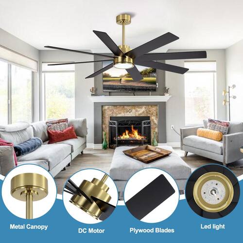 72 in. 8-Plywood Blades Indoor Gold and Black LED Ceiling Fan with Remote Lighting