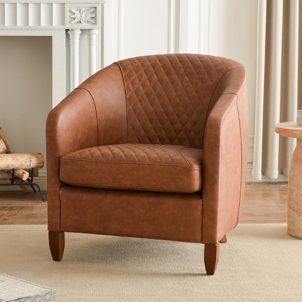 29.1 in. W Brown Top-Grain Genuine Leather Upholstered Barrel Chair Set of 1