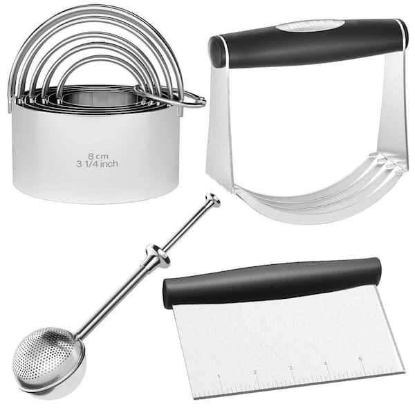 Stainless Steel Biscuit Cutter Set with Flour Duster, Pastry Scraper & Dough Blender, 4-Piece Baking Tools Kit