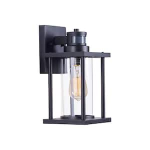 1-Light Matte Black Motion Sensing Dusk to Dawn Outdoor Wall Lantern Sconce with Clear Tempered Glass, Hardwired