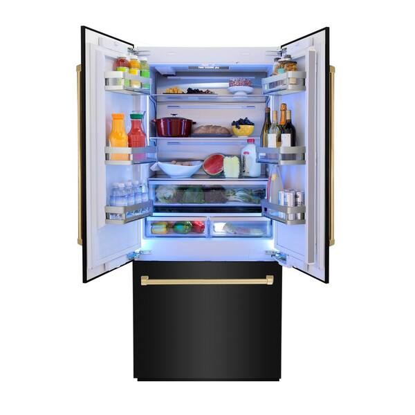 black refrigerator with gold handles