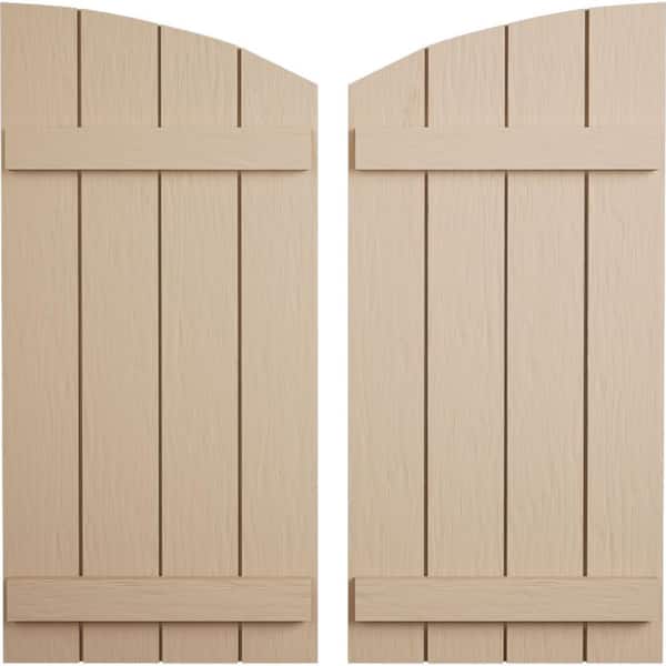 Ekena Millwork 22 in. x 38 in. Polyurethane Rough Sawn 4-Board Joined Board-n-Batten Elliptical Top Shutters, Primed Tan