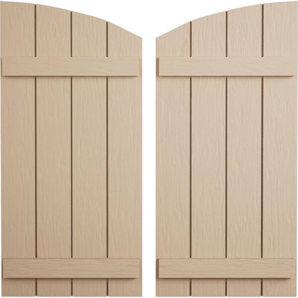 Ekena Millwork 22 in. x 90 in. Polyurethane Rough Sawn 4-Board Joined Board-n-Batten Elliptical Top Shutters, Primed Tan