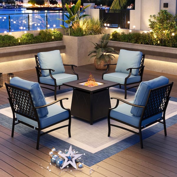 PHI VILLA Black Meshed 4 Seat 5-Piece Metal Steel Outdoor Patio Conversation Set with Blue Cushions, Square Fire Pit Table