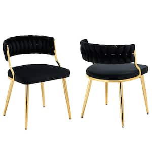 Modern Black Velvet Upholstered Cutout Back Dining Chair with Metal Legs (Set of 2)